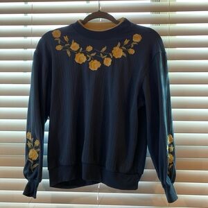 Rare Vintage Bon Worth Navy/Dark sky blue Sweater with Yellow Floral Embroidery